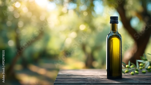 Awesome photo of tall dark glass bottle of olive oil with olive branches on a wooden table.