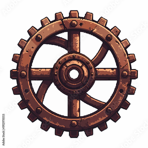 Vintage copper gear wheel depicted in detailed pixel art style on a mechanical device