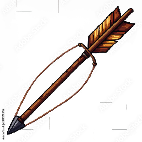 Vintage pixel art illustration of a medieval arrow with wooden shaft and feather fletching