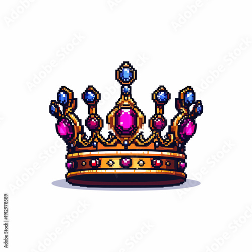 A majestic pixel art crown adorned with gems and jewels on a regal headpiece