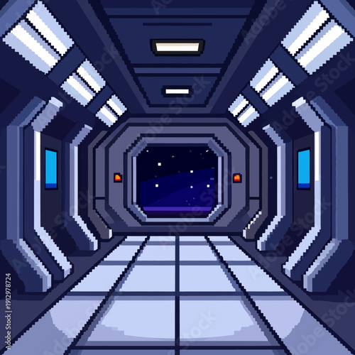 A futuristic pixel art corridor with a starry night sky view from the end, in a sleek, high-tech environment