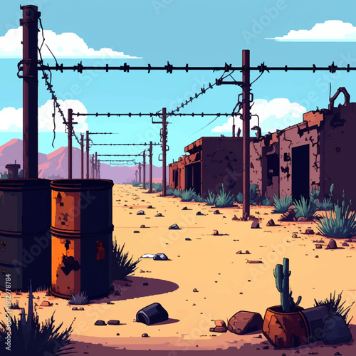 A pixel art depiction of deserted buildings surrounded by barbed wire and utility poles in a desert landscape