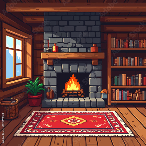 Cozy pixel art living room interior with fireplace, bookshelves, and red rug in a warm and inviting atmosphere