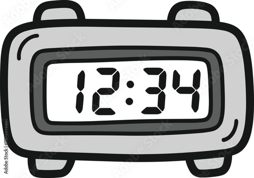 Digital alarm clock showing time 12:34, grey casing, isolated graphic