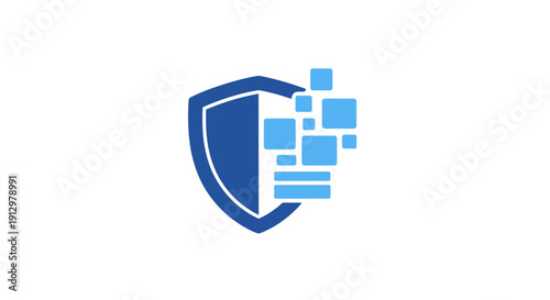 Blue shield with digital squares icon.