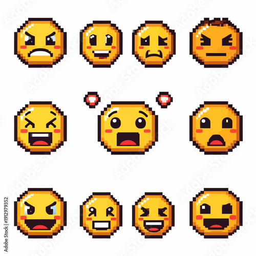 Collection of diverse pixel art emoticons showcasing various facial expressions and emotions displayed on a digital grid