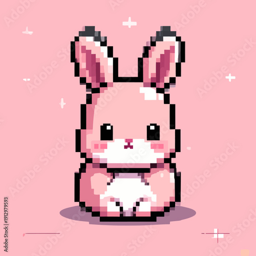 Cute pastel pink bunny with pixel art style sitting alone on a soft pastel background viewed from front