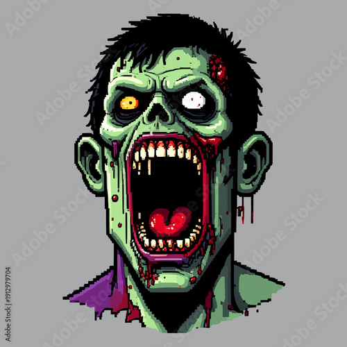 A pixel art zombie with grotesque features and bloody mouth screaming loudly in a close-up portrait