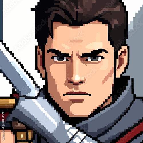 A pixel art portrait of a man with swords on his shoulders, close-up, intense gaze
