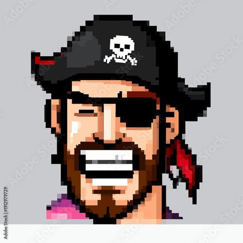 A smiling pirate captain with eyepatch and skull hat, pixel art style, close-up view
