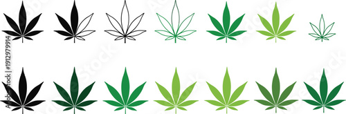 Cannabis Leaf Icon Collection with Outline and Green Marijuana Plant Symbols Vector Set for Herbal Design, Medical Concept and Nature Graphics