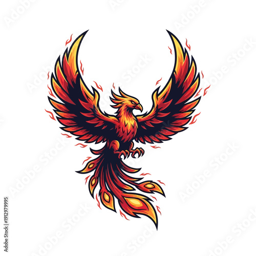 Majestic Phoenix Bird with Fiery Wings and Tail.