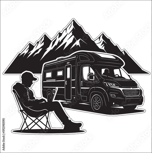Man sitting in chair next to camper van in front of mountains