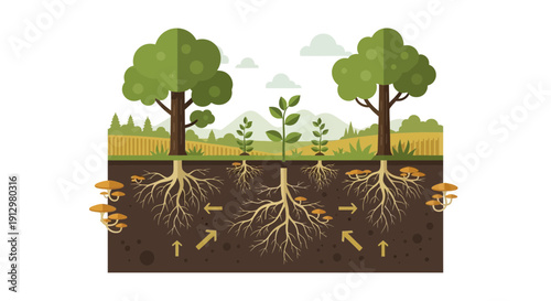 Illustration of trees and plants connected by a mycorrhizal network.