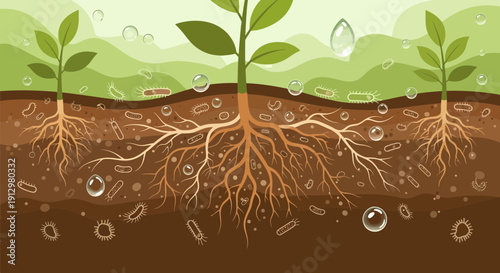 Illustration of plants with roots in soil showing water and nutrients.
