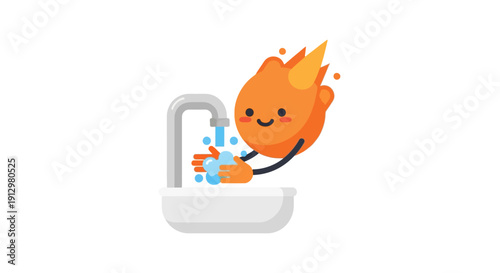 Cartoon flame character washing hands.