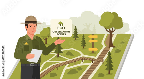 Park Ranger Explaining Eco Observation Routes on a Detailed Map.