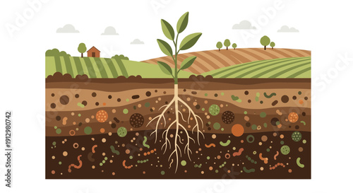 Plant Growth and Soil Layers A Detailed CrossSection Illustration.