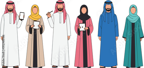 Middle Eastern People in Traditional Clothing Vector Illustration Set with Arab Men and Women Wearing Cultural Outfits for Character Design