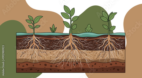 Plant Roots in Soil Layers A Detailed CrossSection Illustration.