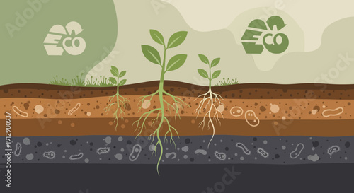 Plant Roots in Soil Layers with Microorganisms and Nutrients.