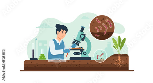 Scientist Examining Soil Microorganisms Under Microscope in Laboratory.