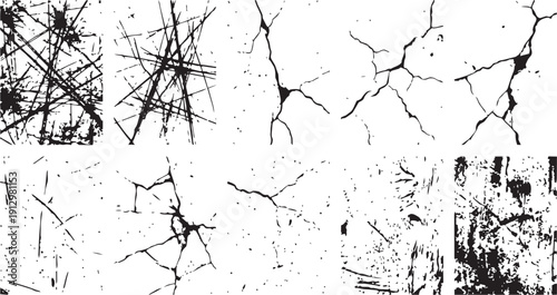 Set of distressed surface cracks and scratches textures. Vector black broken glass fissures, wall fractures, and grunge damage lines.