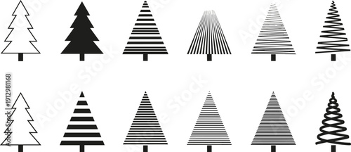 Minimal Christmas Tree Icon Collection with Geometric Line and Abstract Pine Shapes Vector Set for Holiday Decoration and Winter Design