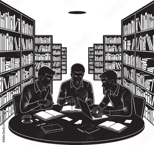Three men studying together in a library with bookshelves