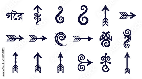 A collection of Bengali characters and arrow symbols, including stylized arrows and directional icons, suitable for diverse graphic design projects.