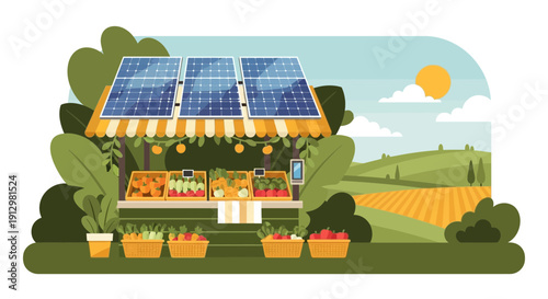 SolarPowered Farmers Market Stand with Fresh Produce and Sustainable Energy.