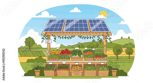 SolarPowered Farmers Market Stall with Fresh Produce and Sustainable Energy.