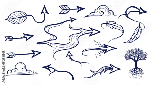 Artistic hand-drawn arrows and symbols with nature elements like trees, leaves, and clouds, plus flowing lines and abstract shapes for creative expression.