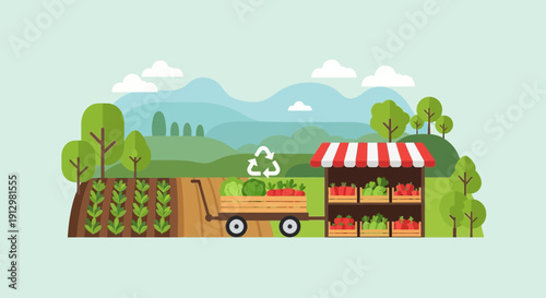 Sustainable Farming and Local Market Scene Illustration.