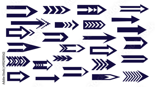 Modern dark blue arrow icons compilation, featuring a wide variety of directional, geometric, and abstract shapes for digital and print design.
