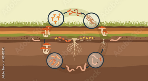 Symbiotic Relationship Fungi Worms and Plant Roots in Soil Ecosystem.