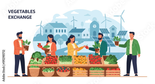 Vegetables Exchange Farmers Trading Fresh Produce at Local Market.