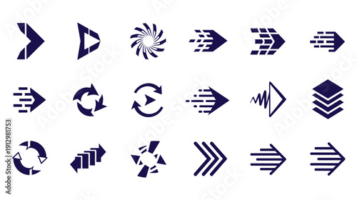 Diverse set of dark blue arrow icons and symbols representing direction, progress, and movement for web and graphic design.