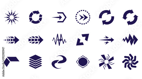 A comprehensive array of dark blue vector symbols, featuring arrows, rotational graphics, and abstract shapes for diverse design applications.