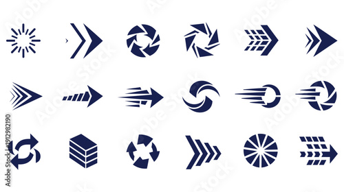 Energetic set of dark blue vector icons with dynamic arrows, rotational elements, and abstract motion graphics for impactful design.