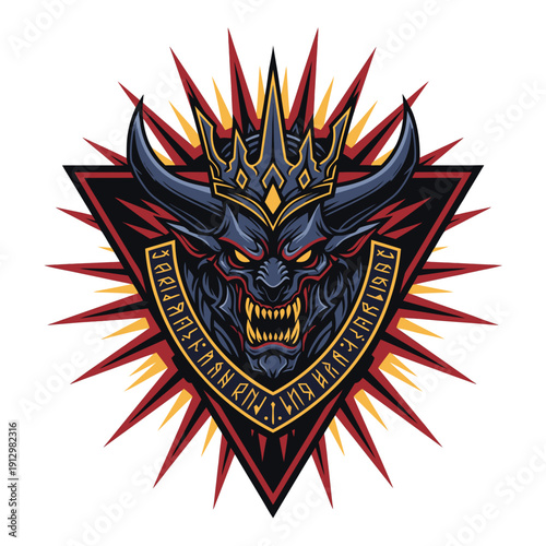 Powerful crowned demonic creature mascot emblem design with radiant aggressive energy