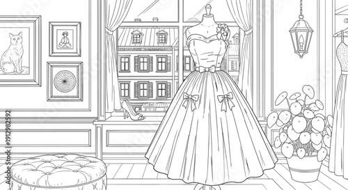 Elegant Vintage Dress on Mannequin in Boutique Interior Line Art Vector Illustration for Coloring Book Design
