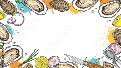 A seafood frame with fresh oysters, lemon, and onion on a background with colorful paint splatters for a menu design.