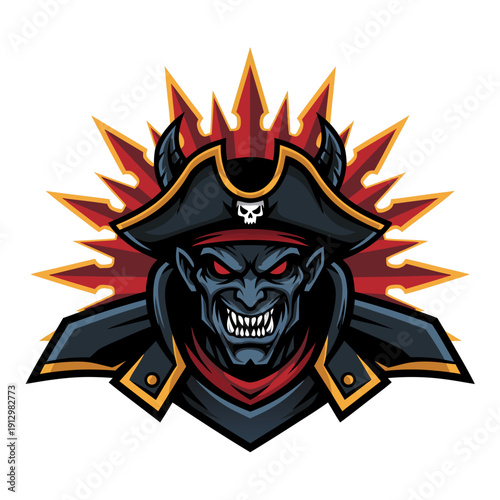 evil pirate devil with horns and scary grin, fierce mascot character