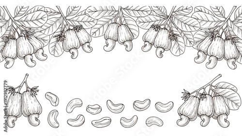 A hand-drawn, black and white border of cashew nuts and branches, with individual nuts shown below for botanical designs.