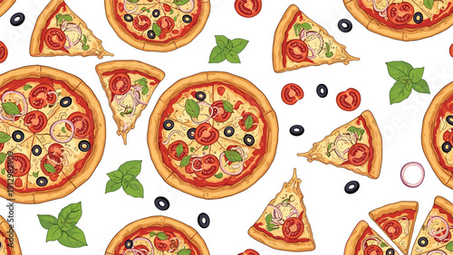 A colorful and seamless pattern of whole vegetarian pizzas, slices, and fresh ingredients like tomatoes, olives, and basil.