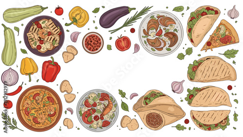 A food frame with various vegetarian and vegan dishes like pizza, tacos, and salads, surrounded by fresh vegetables.