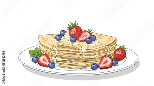 A delicious stack of pancakes or crepes topped with fresh strawberries, blueberries, and sweet syrup on a white plate.