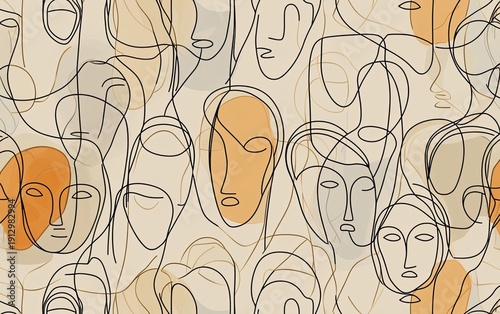 Abstract line art vector illustrations of women's faces and bodies in beige tones on an isolated background