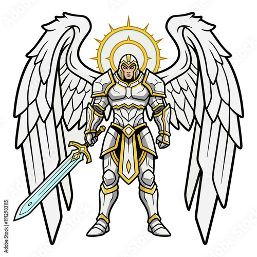 Angel Warrior Illustration with Sword and Halo, Majestic Divine Guardian